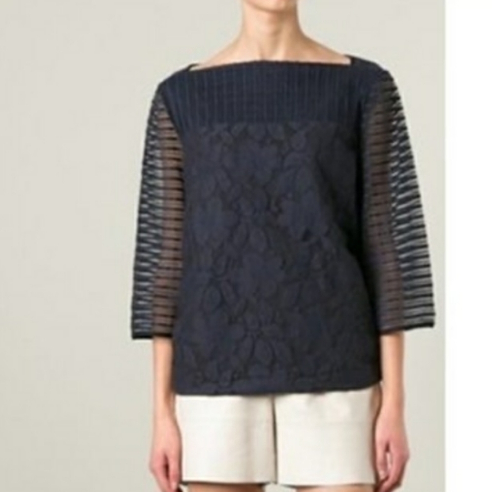 TORY BURCH Lace Overlay Square Neckline Sheer Striped Sleeves Navy